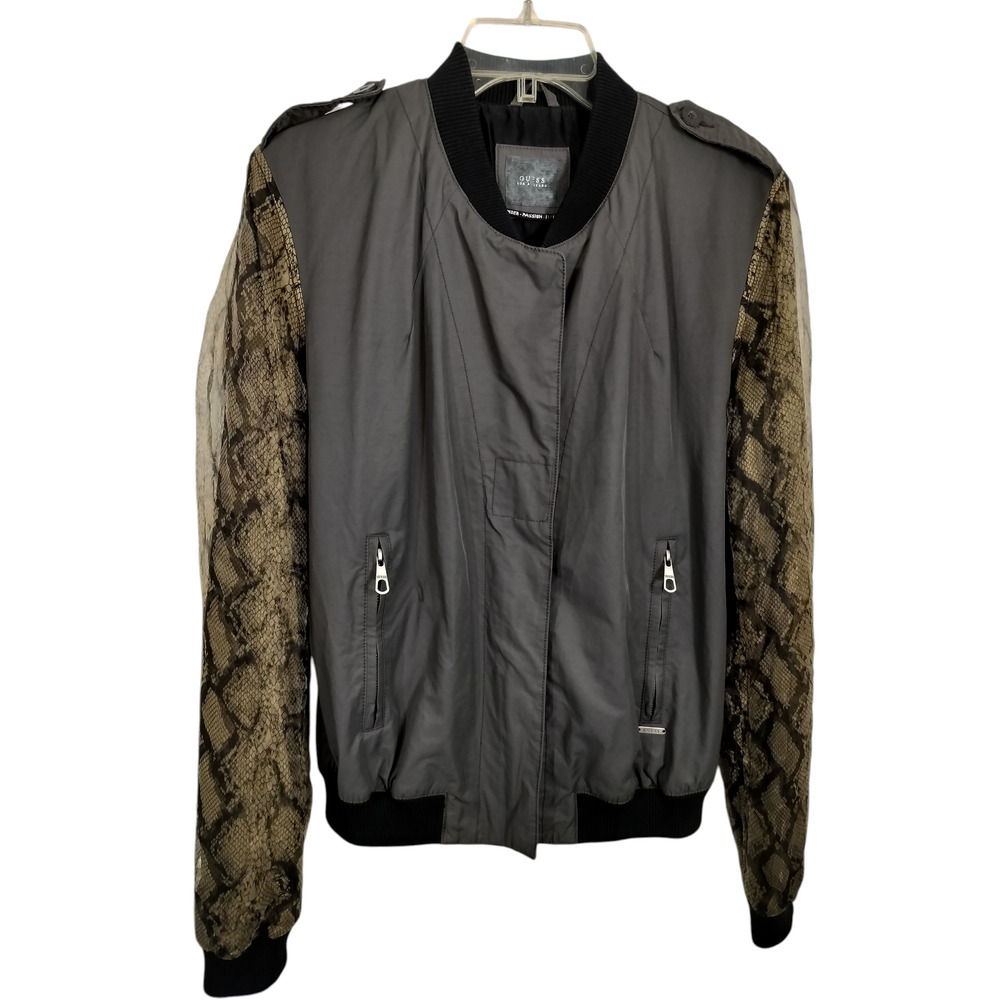 3397) Guess Los Angeles Women Green Zip Up Animal Print Sleeve Jacket Large